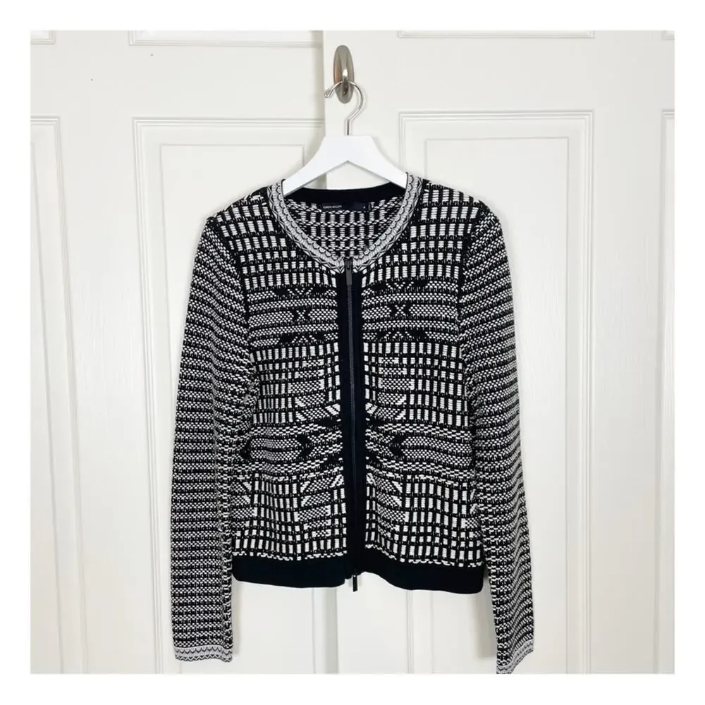 Karen Millen Jacquard Zip Cardigan Embroidered Black Graphic Pattern NWT Sz 4